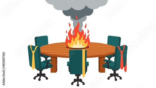 Office crisis concept with burning table and empty chairs