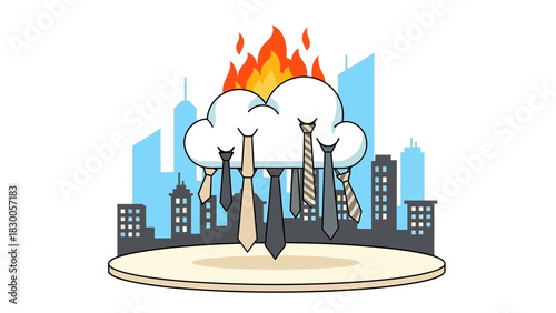 Creative pandemic of work anxiety: burning cloud with ties over cityscape