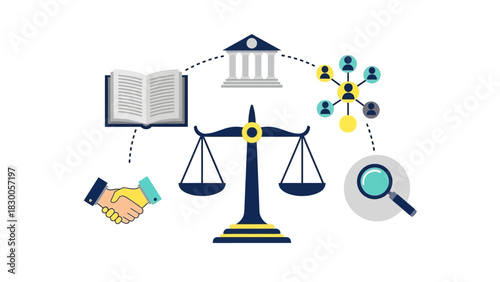Justice and law concept with scale balance and legal symbols in flat style