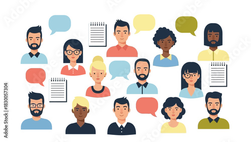 Diverse group of people with speech bubbles engaging in communication and collaboration