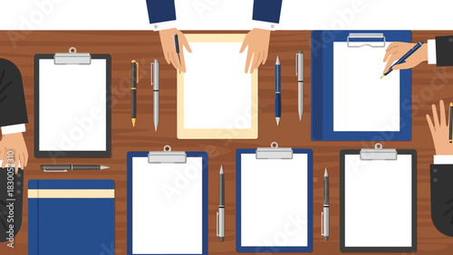 Flat design office meeting with clipboards and business attire