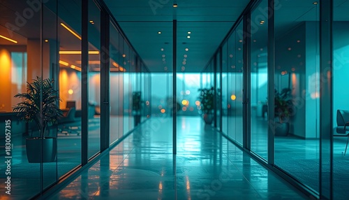 Modern office interior with glass doors and blurred background in dark teal tones, creating atmospheric corporate environment with evening lighting and empty hallway