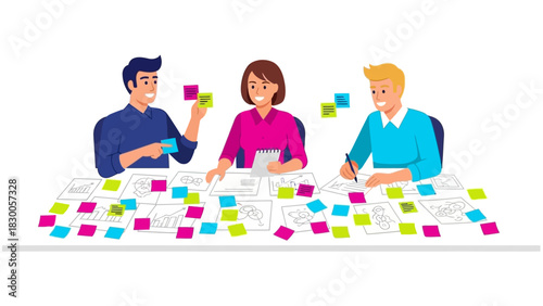 Collaborative team meeting with colorful sticky notes and diagrams