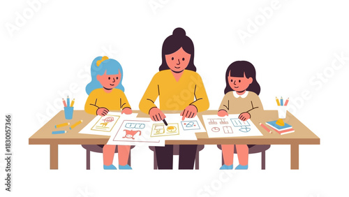 Creative art class with kids drawing at a table in flat style