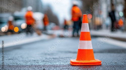 Construction workers repair a busy city street in the afternoon while using safety cones to direct traffic