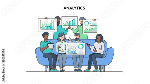 Diverse team analyzing data charts on couch with tablets and laptops
