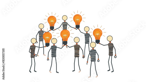 Creative collaboration among stick figure characters sharing ideas with light bulbs