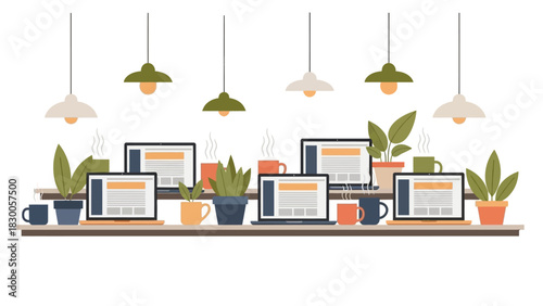 Cozy workspace with laptops and plants on a shelf in a flat design