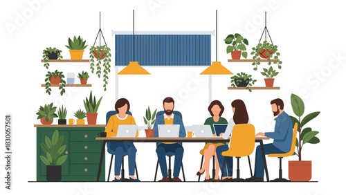 Collaborative workspace with diverse team and indoor plants in modern office setting
