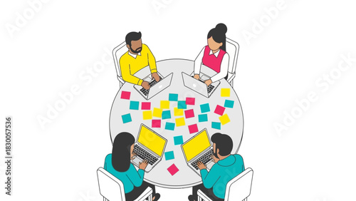 Diverse team collaboration at round table with laptops and sticky notes