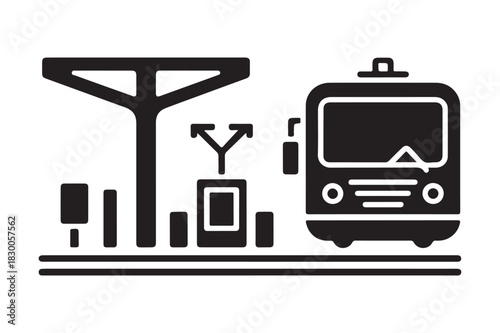 Black and white icon of a train at a station platform
