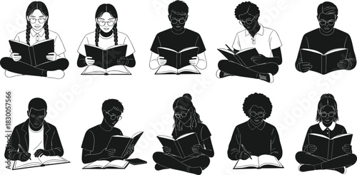 Reading and writing silhouette set, diverse student poses, academic desk illustration, learning activity vector, education graphic design bundle
