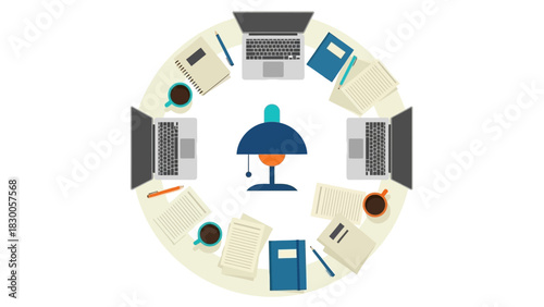 Collaborative workspace with laptops and office supplies in flat circular design
