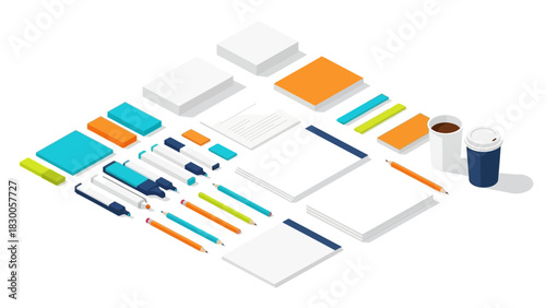 Office supplies icon set with isometric view in bright colors