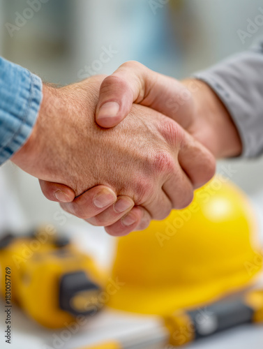 Close-up of two professionals shaking hands with construction helmet and tools blurred in background symbolizing successful collaboration and agreement in building projects