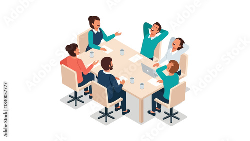 Team meeting in a relaxed office environment with diverse colleagues in isometric style
