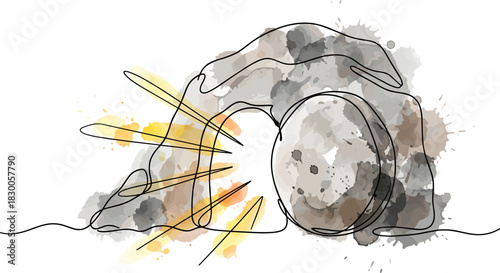 Empty Tomb with Rolled Stone. Resurrection of Jesus Matthew 28. Easter Minimalist One Line Watercolor Art
