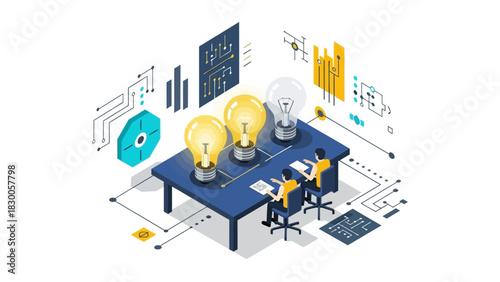 Innovative tech workspace with creative light bulb ideas