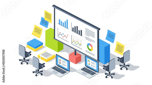 Modern office workspace with laptops and presentation screen in isometric style