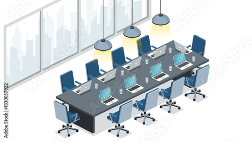 Modern isometric office meeting room with laptops and ergonomic chairs