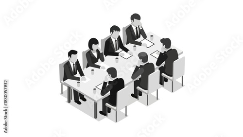 Isometric office meeting: business team collaborating around conference table