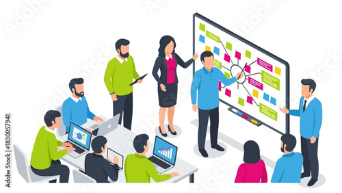 Collaborative team meeting in modern office setting with digital presentation