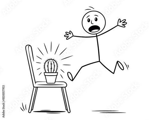 A stick figure person is startled and jumps away from a cactus on a chair.