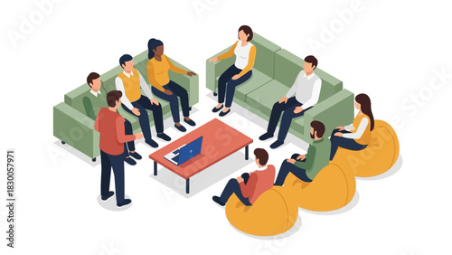 Diverse team collaboration in modern office setting with isometric design