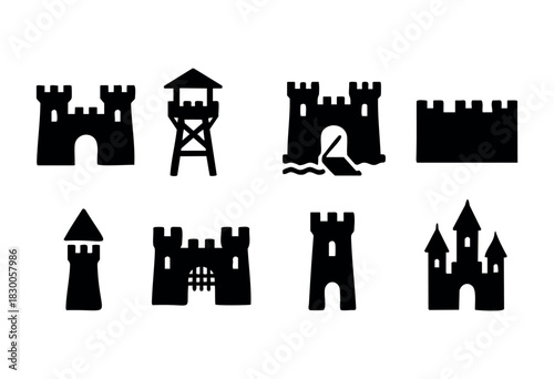 Minimalist fortress and castle icons — tower, gate, and wall — stock vector.