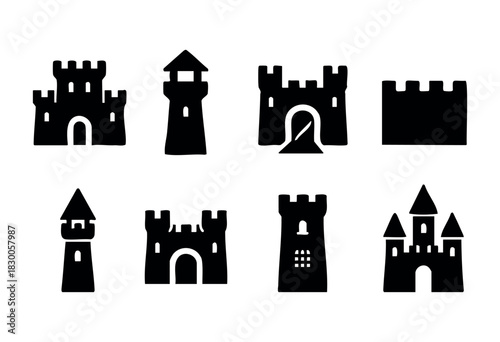 Minimalist fortress and castle icons — tower, gate, and wall — stock vector.