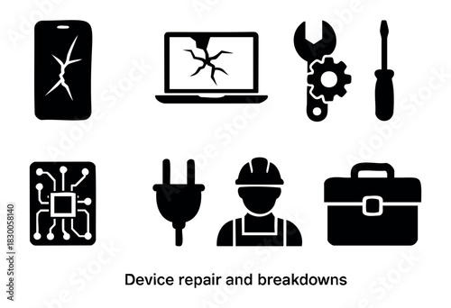 Simple device repair and maintenance icons — cracked phone, wrench, and technician — stock vector.