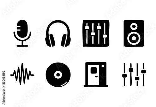 Minimalist music and recording icons — microphone, headphones, and mixer — stock vector.