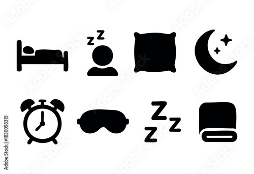 Minimalist sleep and rest icons — bed, moon, and pillow — stock vector.