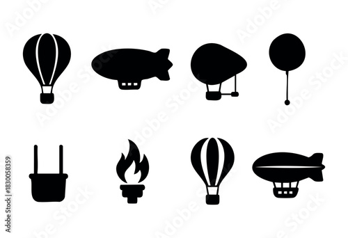 Minimalist retro transport icons — hot air balloon and blimp — stock vector.