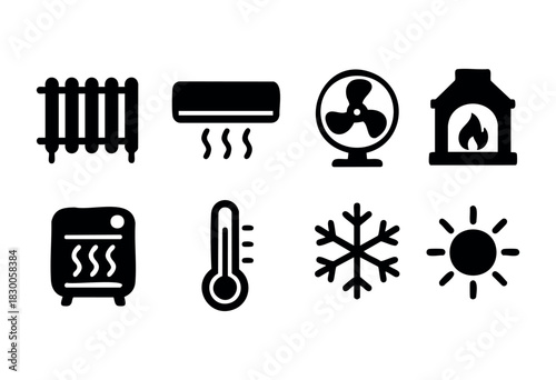 Minimalist climate control and temperature icons — radiator, air conditioner, and fan — stock vector.