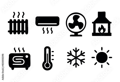 Minimalist climate control and temperature icons — radiator, air conditioner, and fan — stock vector.