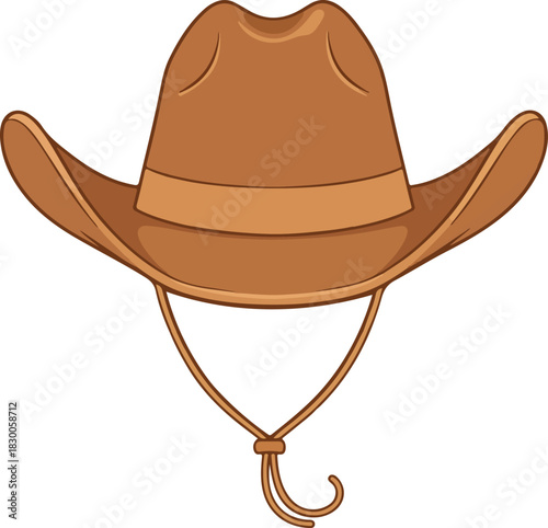 Brown cartoon cowboy hat with band and chin strap, iconic western headwear, traditional ranch and rodeo attire, isolated vector