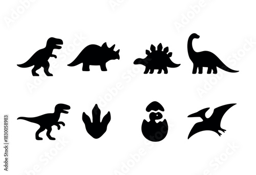 Minimalist dinosaur and prehistoric icons — T-rex, triceratops, and egg — stock vector.