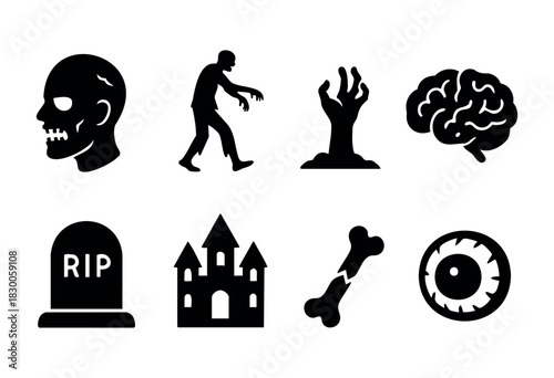Minimalist Halloween zombie icons — skull, brain, and haunted graveyard — stock vector.