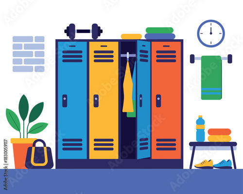 Colorful gym lockers stand open with towels and equipment, ready for use.
