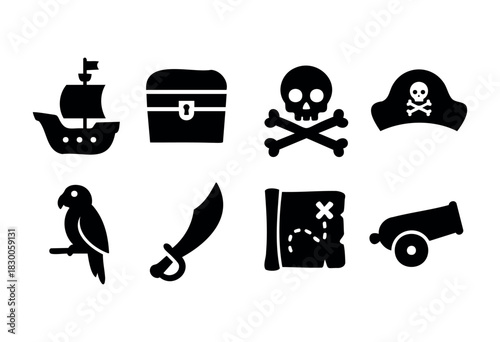 Minimalist pirate and treasure icons — skull, ship, and map — stock vector.