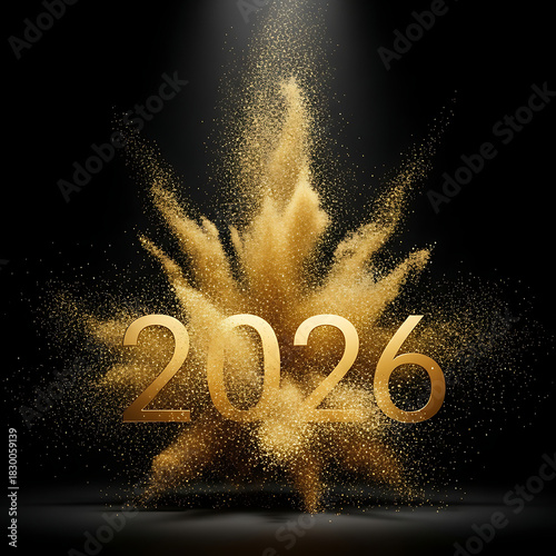 Golden 2026 number exploding with glitter dust