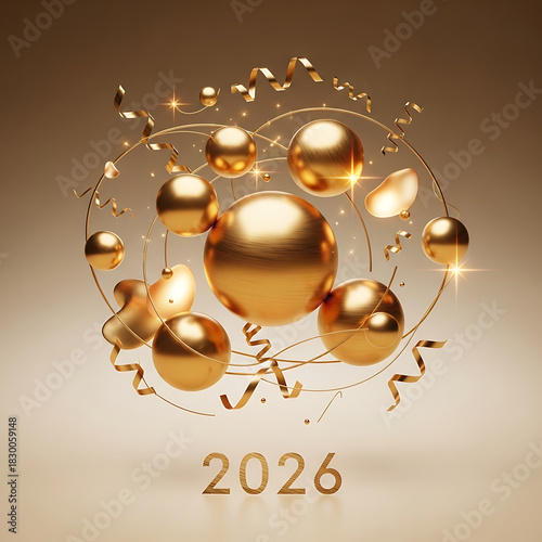 Elegant golden spheres and ribbons celebrating the year 2026