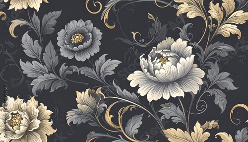Dark ornate floral vector pattern, seamless wallpaper design featuring elegant, intricate motifs in light gray shades, perfect for decorative backgrounds, textile prints, web design, graphic projects,