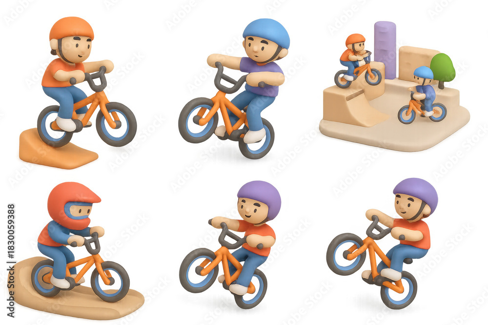 Fototapeta premium Bmx stunt icons collection featuring cyclists, ramps, and urban elements for graphic design projects