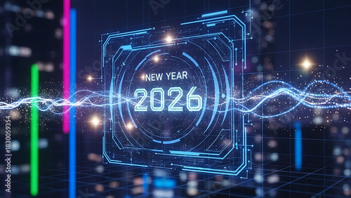 New year 2026 futuristic digital interface celebration