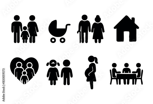 Minimalist family and relationship icons — parents, child, and home — stock vector.