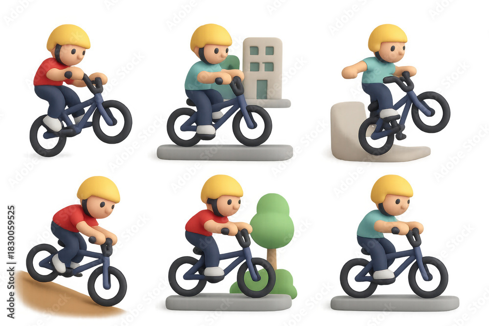 Fototapeta premium Bmx cycling icon set with cartoon characters for design and decoration