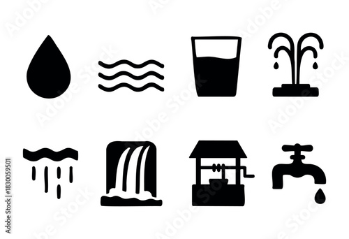 Minimalist water and environment icons — drop, faucet, and wave — stock vector.