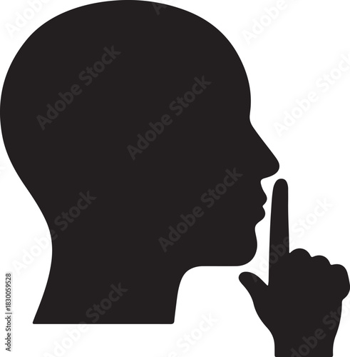 Shhh gesture icon with human head profile and finger on lips symbolizing silence, quiet, secret, privacy, or discretion